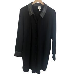 Joie Black Button Down Cardigan Duster Sweater Faux Leather Collar & Cuffs Sz 1X